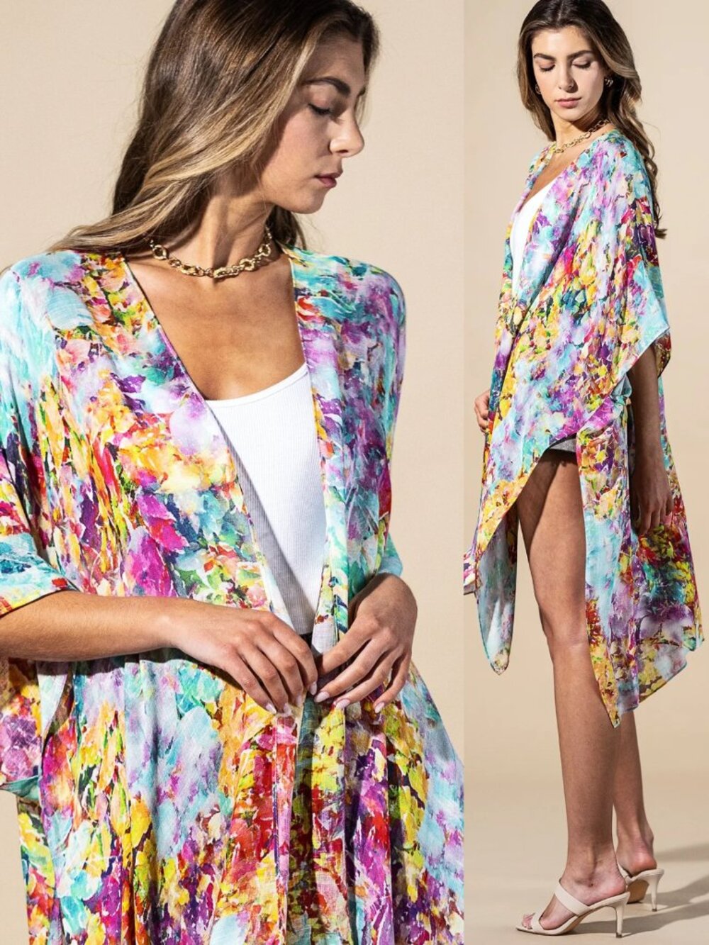 Abstract Floral Print Kimono Flowy Boho Layering Piece Vacation Cover Up